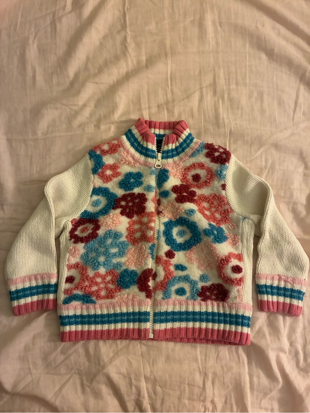 The Children's Place White Floral Zip Front Sweater Jacket with Pink & Blue Trim